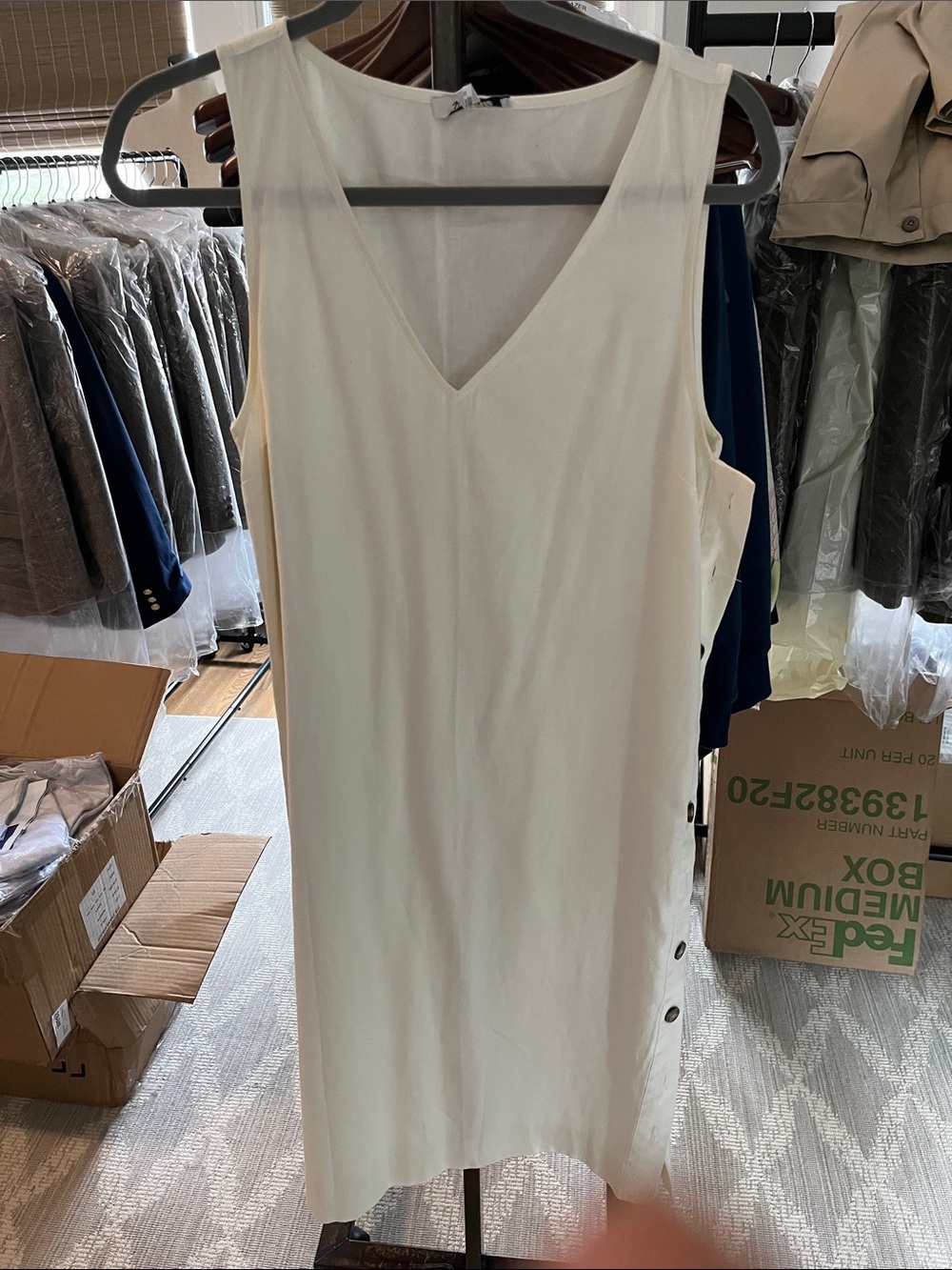 Madewell Cream Sleeveless V-Neck Shift Dress with Side Buttons